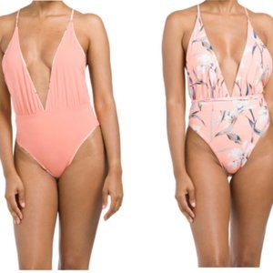 NWT Maaji Reversible Plunge One Piece Swimsuit Coral Floral Print Medium M